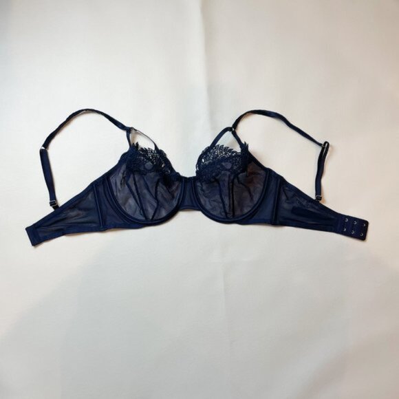 NWOT Victoria's Secret Bra 32DD Unlined Balconet Blue Mesh Lace B1460 - Picture 2 of 9